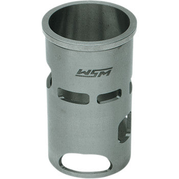 The Yamaha Banshee Cylinder Sleeve 70.50 mm Replacement by WSM is a cylindrical metal sleeve with rectangular and oval cutouts, a modified port configuration, and the WSM logo etched near the top.