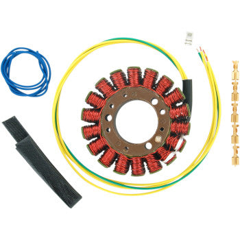 Circular copper coil stator with yellow and green wires, blue cable, black strap, and small metal connectors.