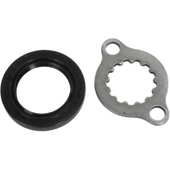 A Kawasaki-Suzuki-Arctic Cat Output Shaft Seal by Hot Rods and a silver metal locking plate with two holes and a splined center are shown side by side on a white background.