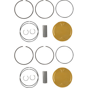 The Honda Piston Kit 92.00 mm 11.0:1 CR by JE Pistons features two gold-colored forged pistons, rings, circlips, and pins arranged in two identical sets on a white background, ensuring optimal ring seal.