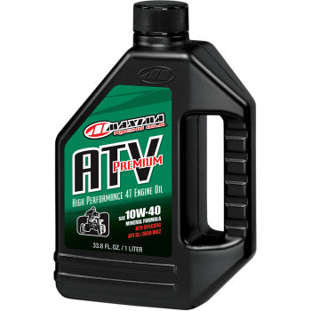 A 1-liter black bottle of Maxima Racing Oil ATV-4 Oil 10W-40, designed for 4-cycle gasoline ATV engines, with a green label featuring bold white and red text plus an ATV graphic.