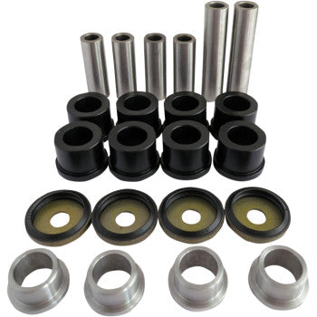The Rear Independent Suspension Repair Kit by Epi includes metal and black cylindrical bushings, sleeves, and washers arranged in rows on a white background, ideal for automotive or mechanical assembly.