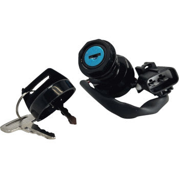 Black Yamaha ignition switch with blue keyhole cover and matching black key with metal bow and plastic grip.