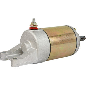 Starter Motor by Parts Unlimited: Features a gold and silver cylindrical metal body, copper bushings, mounting brackets, electrical connectors, all built to OEM specifications and isolated on a white background.