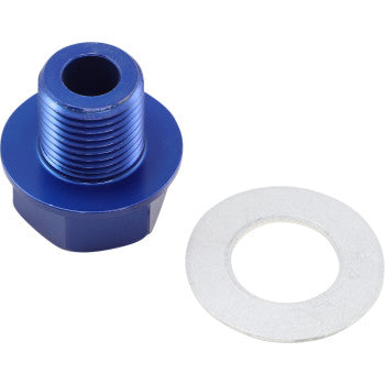 The Koso North America Oil Adapter M16 x 1.5 x 15, featuring a blue metal threaded bolt with a wide flange and a flat silver aluminum washer, is displayed on a white background—perfect for sensor mounting.