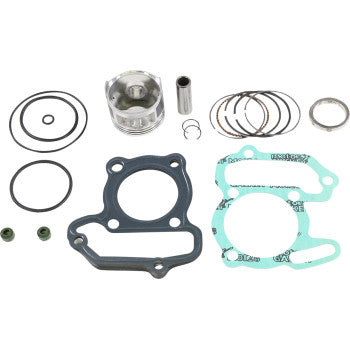The Yamaha Top End Kit 47.00 mm by Wsm, featuring engine gaskets, a piston, piston rings, seals, and small circular components, is neatly arranged on a white background.