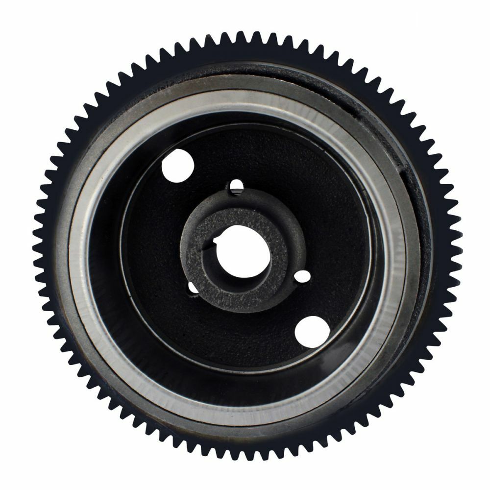 Black and silver round flywheel with gear teeth and three circular holes in the center, designed for offroad use.