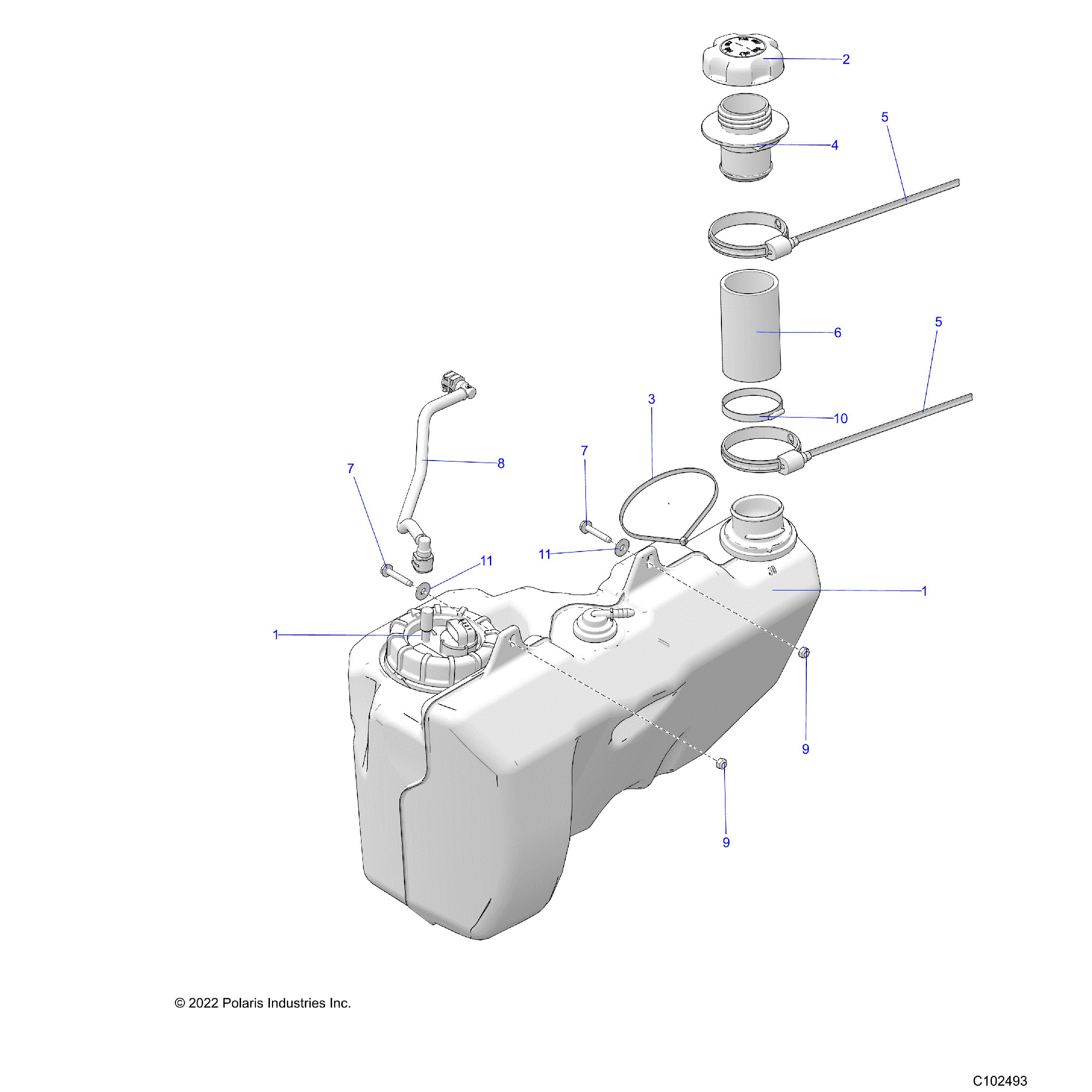 An Image of a Genuine Polaris Parts Schematic Diagram showing the schematic - FUEL SYSTEM: FUEL TANK - 2022 POLARIS SCRAMBLER XP 1000 S 55"