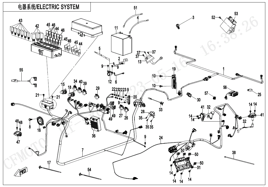 Labeled diagram of the CF Moto Tail Light Auxiliary Cable displays numbered electrical components, wires, and connectors for easy identification. Chinese text in the upper left corner; each part is referenced by number.