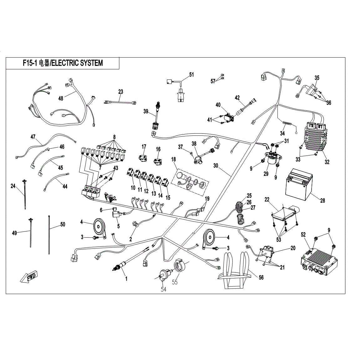 An Image of a Genuine CFMOTO Parts Schematic Diagram showing the schematic - ELECTRIC SYSTEM - 2017 CFMOTO ZFORCE 500