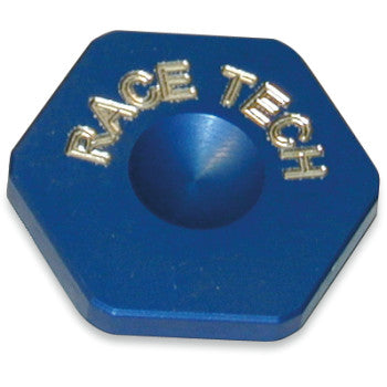 The Adjuster Fork Compression by Race Tech is a blue hexagonal metal washer with a beveled center and gold "RACE TECH" engraving, perfect as a fork clicker adjuster or for precise fork tube adjustments.