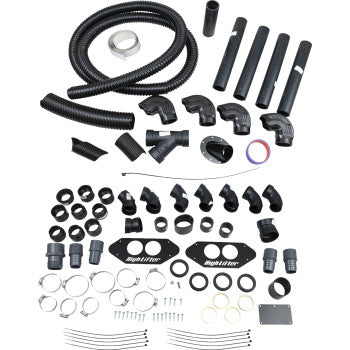 The Polaris ATV Snorkel Kit by High Lifter, featuring black plastic hoses, connectors, clamps, ABS piping, brackets, screws, and other hardware components, is neatly arranged on a white background.