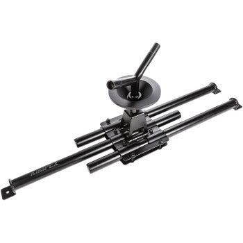 The UTV Universal Spare Tire Carrier by Kimpex features durable steel construction, a matte black powder coat finish, adjustable mounting options, and a convenient handle for easy spare tire transport on your vehicle.