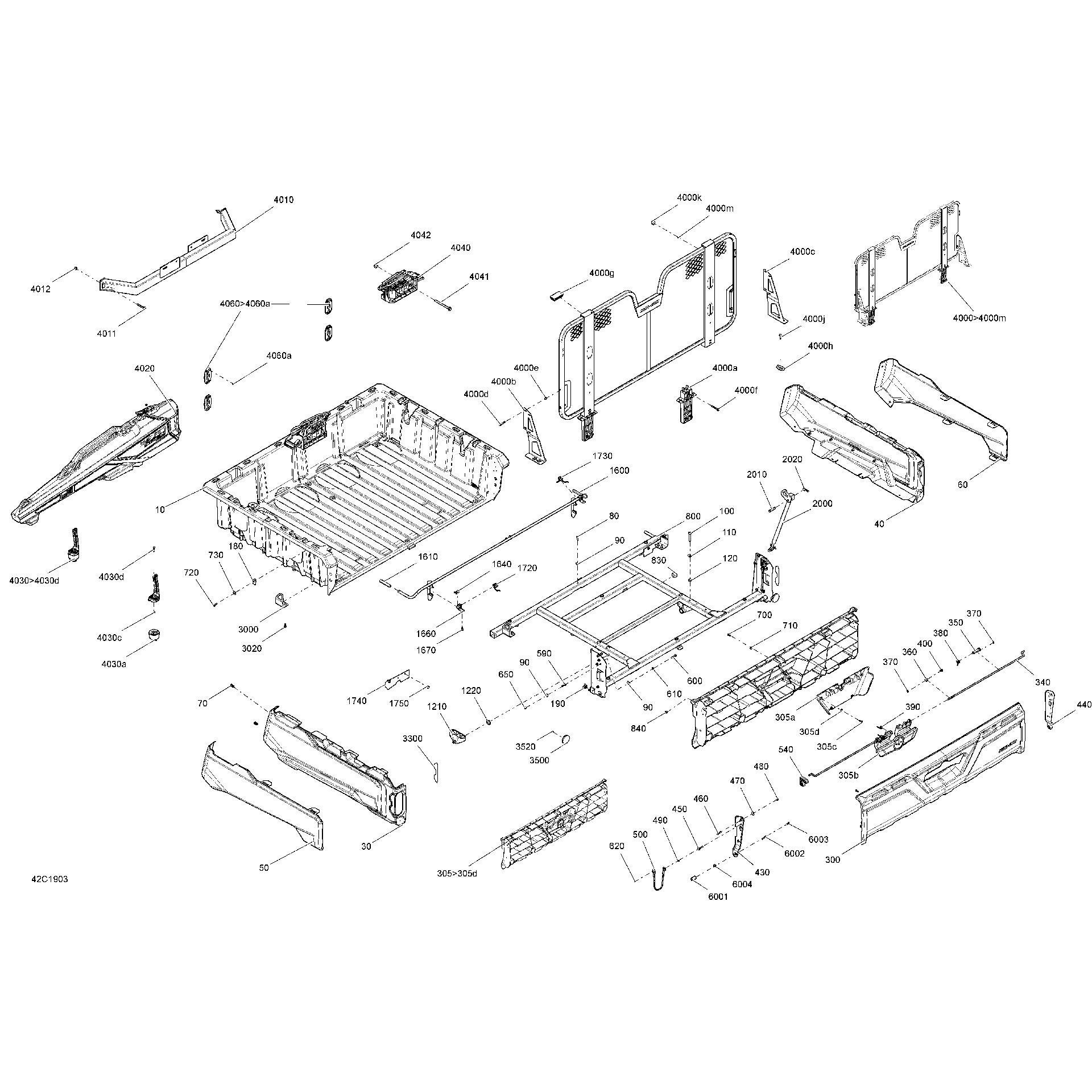 An Image of a Genuine Can-Am Parts Schematic Diagram showing the schematic - REAR CARGO BOX - HUNTING EDITION