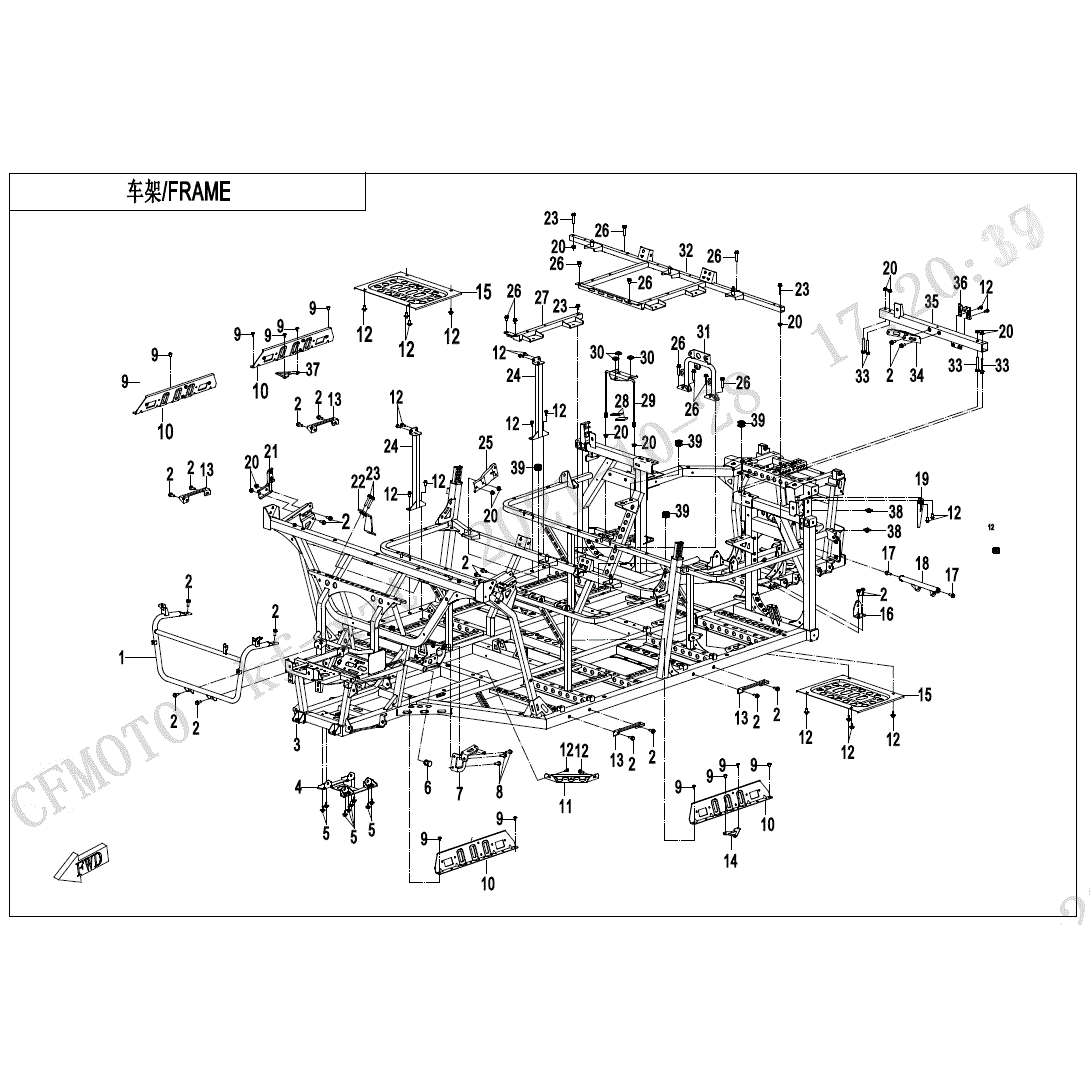 An Image of a Genuine CFMOTO Parts Schematic Diagram showing the schematic - FRAME - 2022 CFMOTO UFORCE 1000 XL