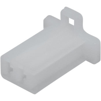The ML Locking 110 Connector 2 Pin Female 5 Pack by Namz features a translucent white rectangular plastic housing with latch and two internal pin slots, perfect for custom projects.