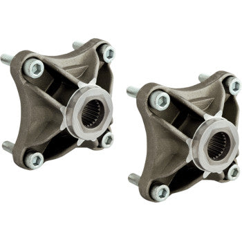 Two Suzuki Wheel Hubs Rear Standard 26 Spline 4-110 by Dura Blue, each with steel inserts, four bolts, and a central splined hole, are shown side by side on a white background—ideal for minimizing spline wear.