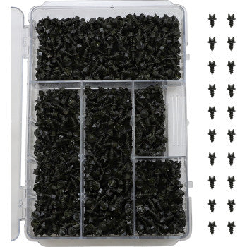 An Ice Screws 3/8" 1000 Pack by Gold Screws is shown in a plastic organizer box with compartments for small black coarse thread screws. To the right, five rows of four heat-treated screws are arranged in a neat grid.