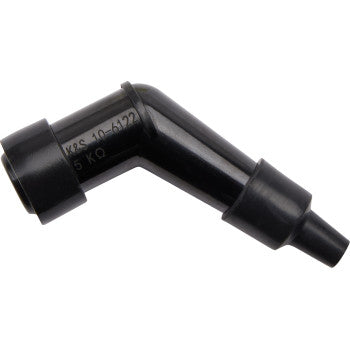 The Moose Offroad Spark Plug Resistor Cover 120° Elbow Type Short is a black, waterproof cap with a cylindrical, angled design for connecting ignition wire to spark plugs in automotive or small engines. Compatible with NGK resistor covers.