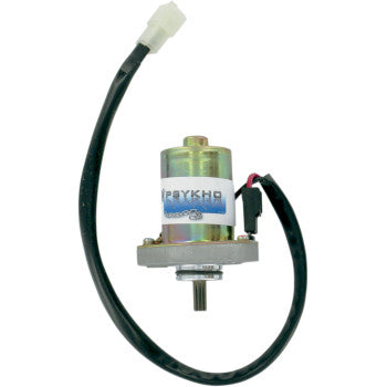 Silver and brass electric starter motor with attached black wiring harness and white connector plug.