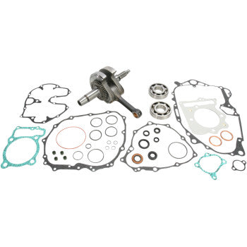 The Honda Crankshaft Kit OE Crankshaft Replacement by Hot Rods, including gaskets, seals, bearings, and crankshaft crafted to OEM specs, is neatly arranged on a white background—perfect for precision restorations or connecting rod upgrades.