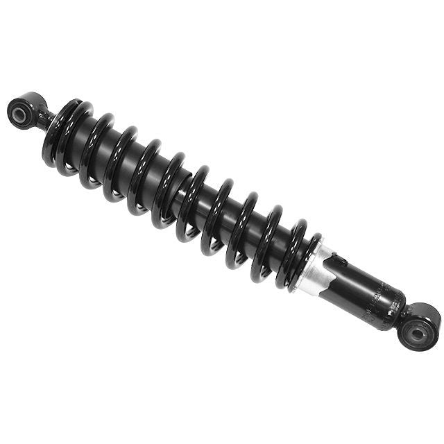 The Yamaha Kodiak Shock Assembly by Bronco is a black coilover shock absorber with a metal spring and mounting eyes on both ends, designed for vehicle suspension—ideal for UTV/ATV use, available at Witchdoctors.com.