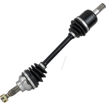 Black metal axle shaft with rubber accordion-style boots on both ends and silver splined connectors for ATV front left and.