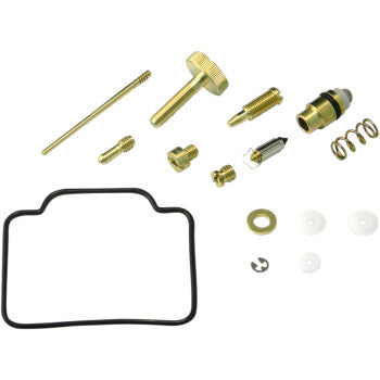 Polaris Carburetor Repair Kit by Shindy shown on a white background, with brass jets, screws, needle, springs, washers, small discs, float valve, and black rubber gasket.