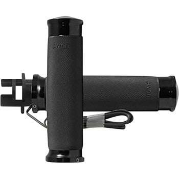 Two Indian Heated Grips - Custom Contour - Black by Avon Grips, featuring textured surfaces; one lies horizontally and the other stands vertically. A cable and connector are attached near the base of one heated grip.