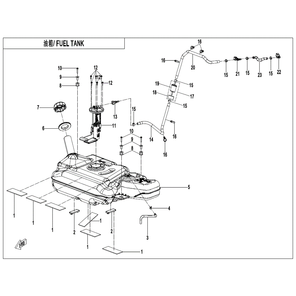 An Image of a Genuine CFMOTO Parts Schematic Diagram showing the schematic - FUEL TANK - 2022 CFMOTO ZFORCE 950 HO Sport