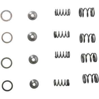 Five sets of the Honda Valve Spring Kit 0. Lift by Kibblewhite, each including a small metal washer, retainer, and one or two dual valve springs for turbocharged applications, are arranged in rows on a white background.