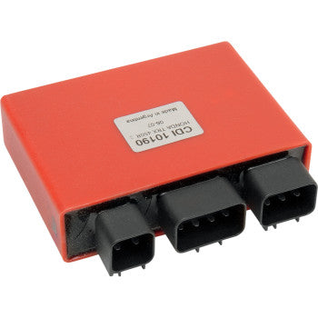 The Honda Hot Shot CDI Box by Rick's Motorsport Electric is a rectangular red unit labeled 10190, featuring three black electrical connectors, designed for vehicle ignition systems to enhance ignition advance curves and rpm performance.