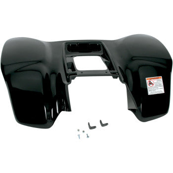 The Rear Fender Black by Maier is a high-density polyethylene ATV fender featuring a central rectangular cutout, two right-side warning stickers, and several small mounting hardware pieces below.