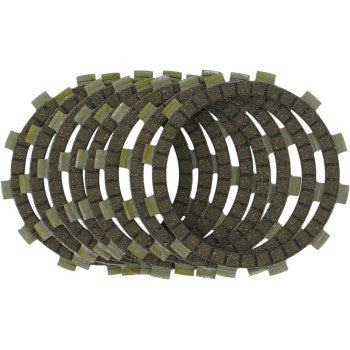 Clutch Kit by Ebc: set of six circular friction plates made from premium clutch material with notched outer edges, arranged overlapping on a white background for enhanced heat resistance.