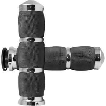 Two Indian 3-Ring Air Cushioned Grips - Chrome by Avon Grips, featuring black and silver with chrome accents, are arranged perpendicularly in a cross shape on a plain white background.