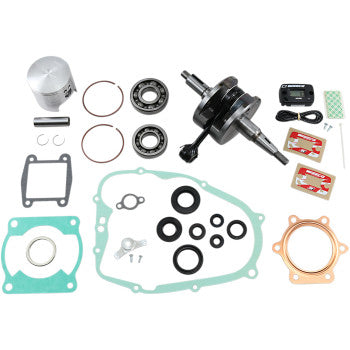 The Yamaha YFS200 Blaster Engine Rebuild Kit by Wiseco (66.50 mm) includes gaskets, crankshaft assembly, main bearings, piston, seals, rings, O-rings, a digital gauge, and small hardware—all displayed on a white background.