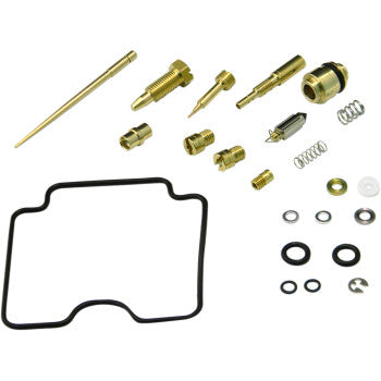 The Yamaha Carburetor Repair Kit by Shindy includes float valves, brass jets, screws, springs, O-rings, washers, a needle, and a black rubber gasket—all arranged neatly on a white background.