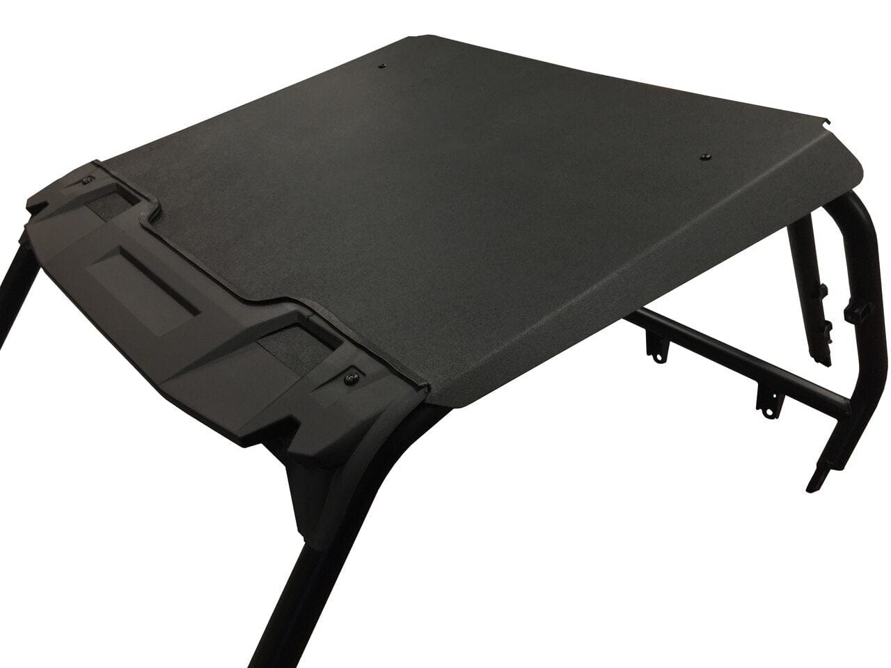 The Polaris RZR 900 / 1000 ABS Hard Plastic Roof by Spike features a black, textured HDPE Haircell Polyethylene panel mounted on a metal frame, designed as a durable roof for off-road utility vehicles or ATVs.
