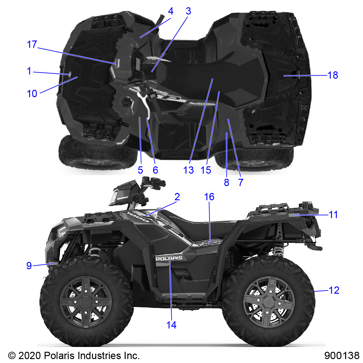 An Image of a Genuine Polaris Parts Schematic Diagram showing the schematic - BODY: DECALS - 2020 POLARIS SPORTSMAN XP 1000 48" TRAIL