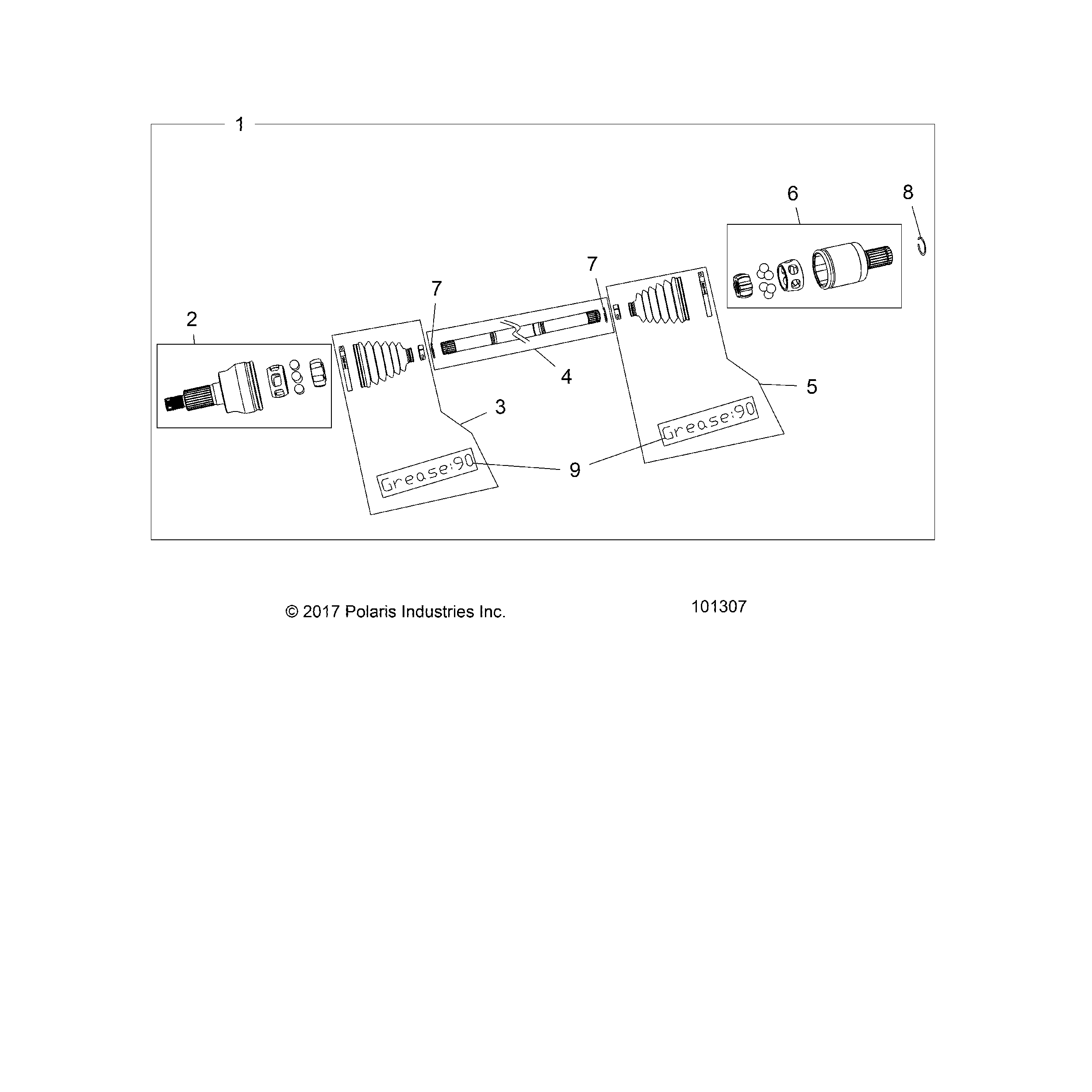 An Image of a Genuine Polaris Parts Schematic Diagram showing the schematic - DRIVE TRAIN: DRIVE SHAFT FRONT - 2018 POLARIS SCRAMBLER 850