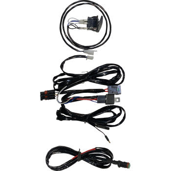 The Polaris with Pulse Wiring Harness Kit by Brite-Lites includes three harness and cable sets featuring a Pulse bar connector, Pulse electrical input plug, connectors, and a switch, all shown vertically on a white background.