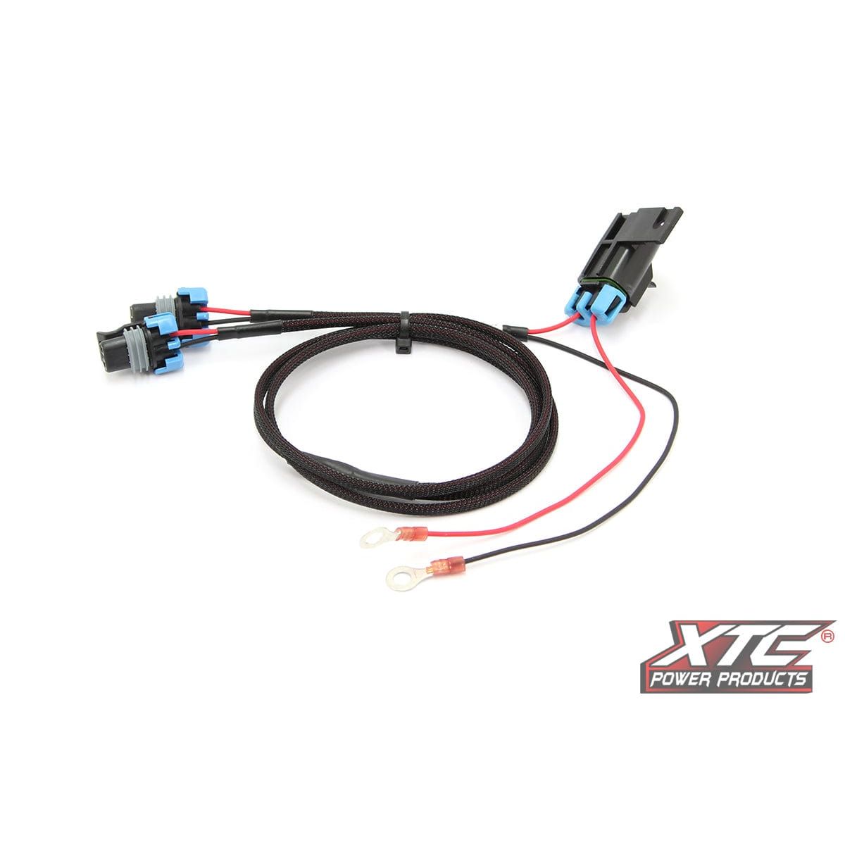The Fang Light Upgrade Harness by XTC Power is a black and red automotive wiring harness with connectors: one end has two blue-tipped plugs, the other a black rectangular connector. The XTC Power Products logo appears in the bottom right corner.