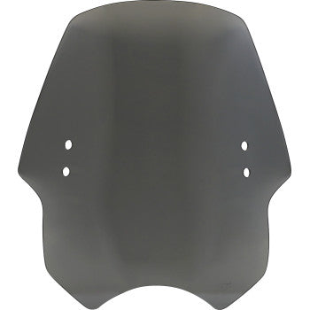 The Hellcat Windshield - Black Smoke by Memphis Shades features a wide, slightly curved design with four mounting holes—two per side—in a dark-tinted black smoke finish.