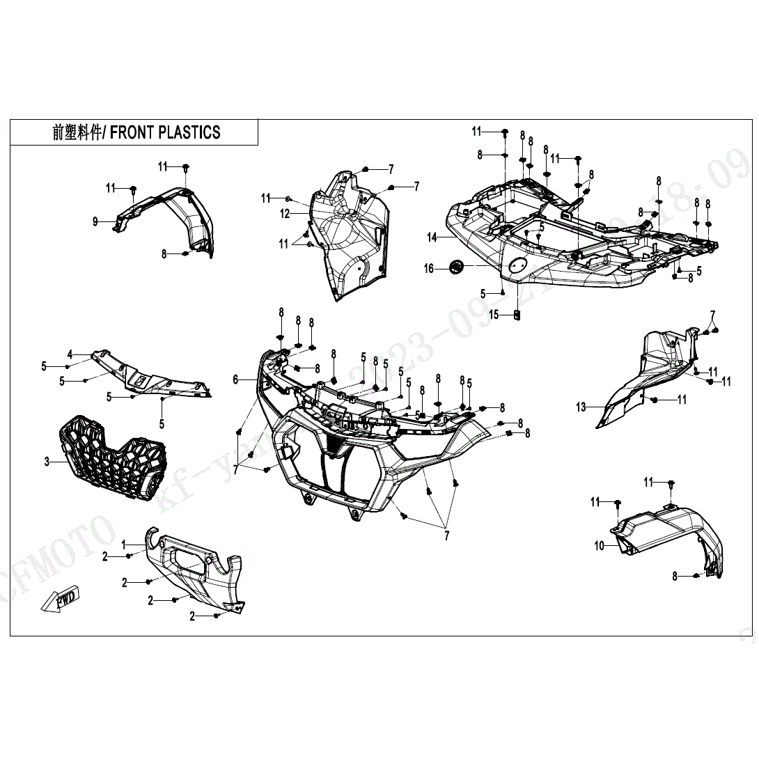 An Image of a genuine CFMOTO Parts Schematic Diagram showing the group - FRONT PLASTICS - 2025 CFMOTO CFORCE 800 TOURING