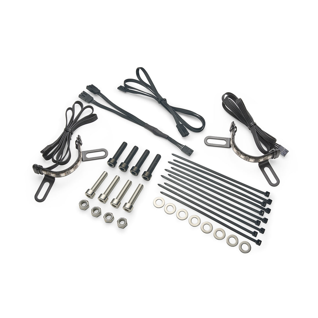 A set of mounting accessories—cables, metal brackets, screws, bolts, washers, nuts, and zip ties—perfect for organizing your Indian Fork Lights - Shock & Awe® by Ciro, all neatly displayed on a white background.
