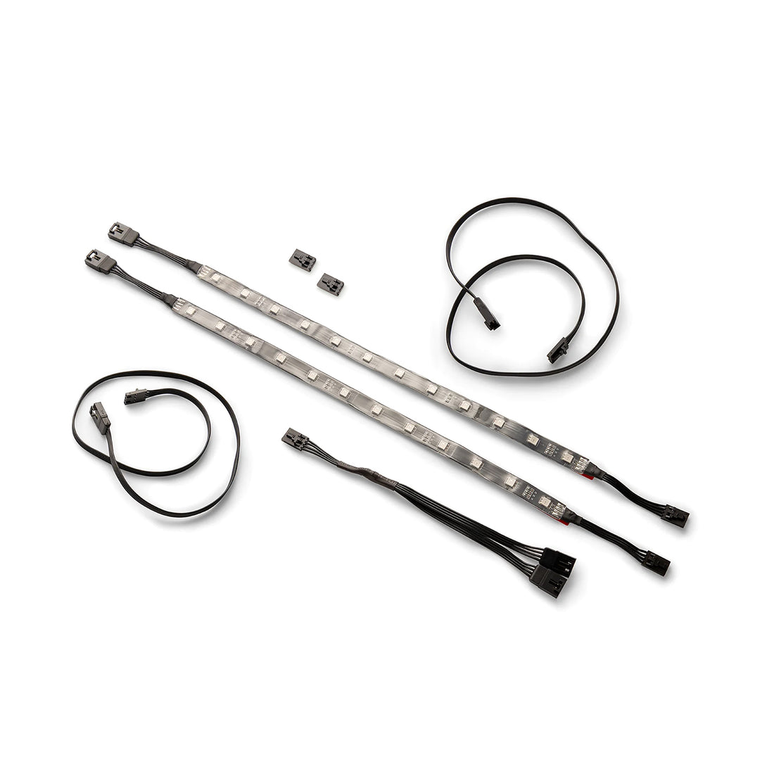 Two LED light strips, three black power cables with connectors, and two small mounting clips from the Lighting Expansion Kit - Shock & Awe® by Ciro are arranged on a white background.