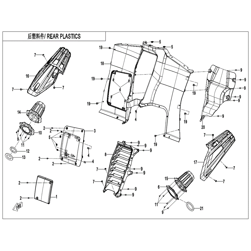 An Image of a Genuine CFMOTO Parts Schematic Diagram showing the schematic - REAR PLASTICS(2) - 2022 CFMOTO ZFORCE 950 HO Sport