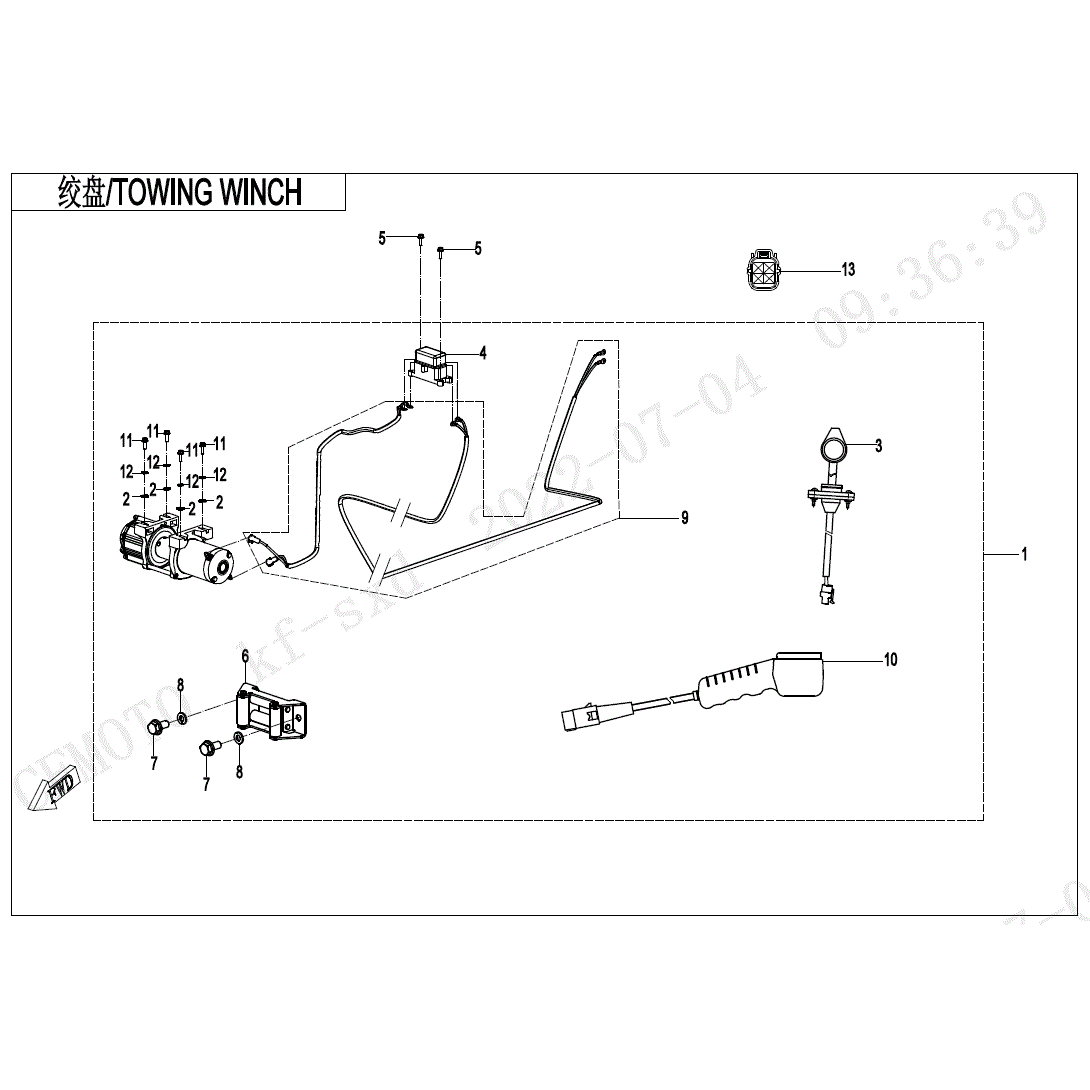 An Image of a Genuine CFMOTO Parts Schematic Diagram showing the schematic - TOWING WINCH - 2023 CFMOTO UFORCE 600