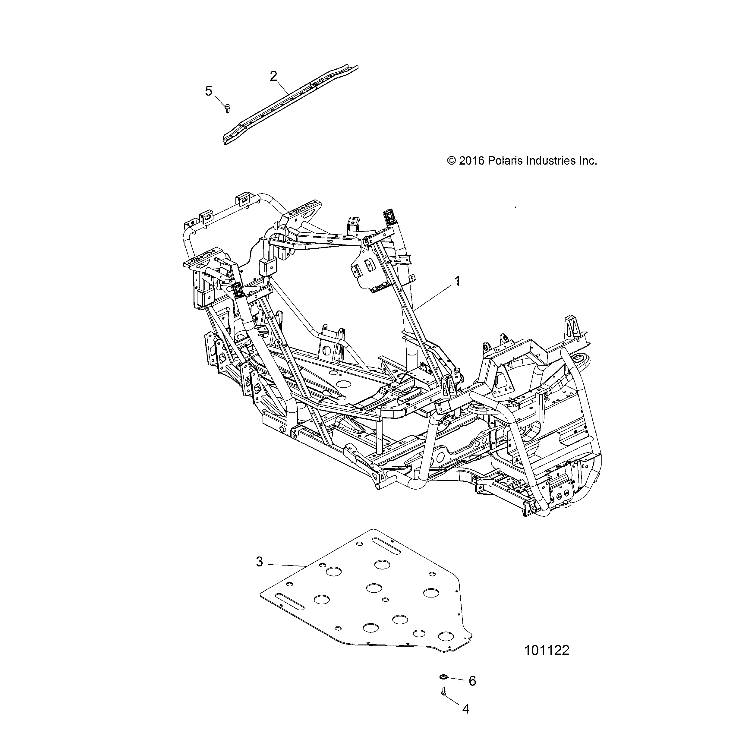 An Image of a Genuine Polaris Parts Schematic Diagram showing the schematic - CHASSIS: MAIN FRAME AND SKID PLATE - 2017 POLARIS ACE 570 EFI