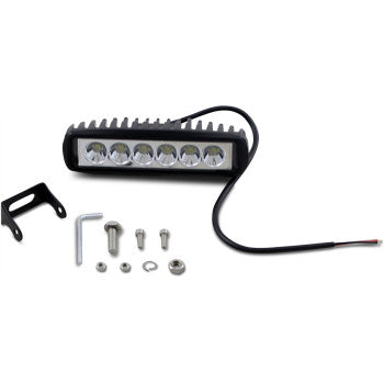 The Driving Fog LED Bar 6 LEDs by Brite-Lites, featuring six Hi-Power white LEDs, comes with a black mounting bracket, screws, bolts, washer, Allen key, and wiring, all shown on a white background.